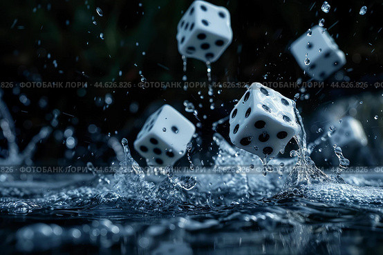 Dynamic dice splash in dark water. Стоковое AI-изображение, AI-художник Иван Рябоконь / Фотобанк Лори