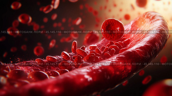 Dynamic flow of red blood cells through a blood vessel illustrating circulation at the microscopic level. Стоковое AI-изображение, AI-художник Сергей Толмачёв / Фотобанк Лори