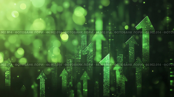Dynamic green arrows symbolize upward growth and success in a financial or business context, set against a sparkling abstract background. Стоковое AI-изображение, AI-художник Сергей Толмачёв / Фотобанк Лори