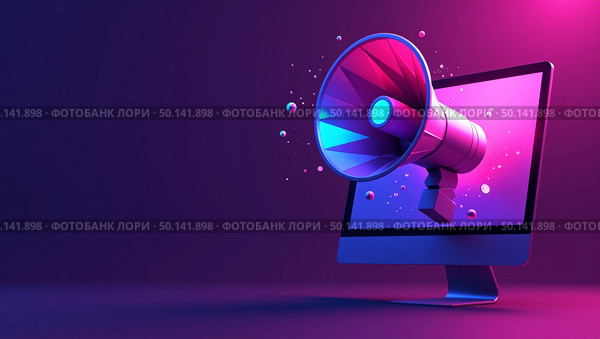 Dynamic lowpoly illustration of a megaphone emerging from a computer monitor against a dark purple background. Стоковое AI-изображение, AI-художник Андрей Бакусов / Фотобанк Лори