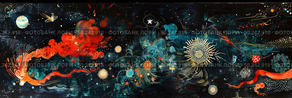 Dynamic painting featuring a plethora of vibrant colors and diverse shapes intermingling on the canvas, creating a visually stimulating composition. Стоковое AI-изображение, AI-художник Данила Большаков / Фотобанк Лори