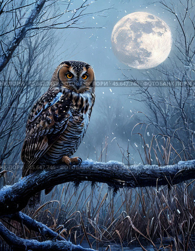 Eagle owl (Lat. Bubo bubo, Old Russian: pugač - literally "terrifying, scary") against the background of the full moon. Night landscape. Стоковое AI-изображение, AI-художник Сергей Елизарьев / Фотобанк Лори
