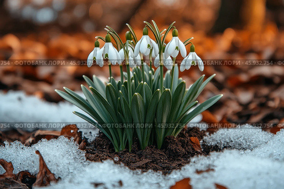 Early spring concept. Flowers snowdrops in garden, sunlight. First beautiful snowdrops in spring. Common snowdrop blooming. Galanthus nivalis bloom in spring forest. Snowdrops close up. Стоковое AI-изображение, AI-художник Ирина Михайличенко / Фотобанк Лори
