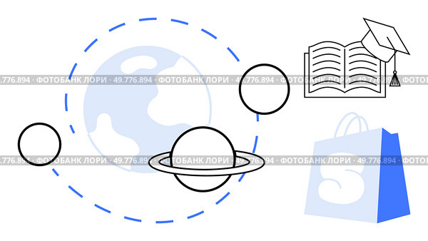 Earth and Saturn with their orbits shown alongside an open book with a graduation cap and a shopping bag. Ideal for education, space exploration, e-commerce, learning, and science technology themes. Earth and Planets with Education and Shopping Symbols in Simplistic Design. Стоковая иллюстрация, агентство Ingram Publishing / Фотобанк Лори