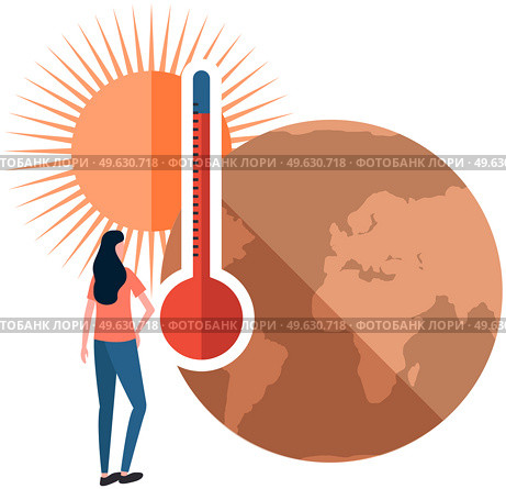 Earth global warming poster. Dried, hot, sweaty and red planet globe. Girl looking at thermometer measuring temperature of air and water on planet. Saving Earth and environmental care concept. Girl looking at thermometer measuring temperature of air and water on planet. Global warming poster. Стоковая иллюстрация, агентство Ingram Publishing / Фотобанк Лори