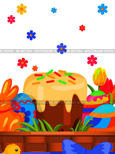 Easter festive concept with sweet paschal kulich, chocolate bunny, painted eggs and tulips in wicker basket vector. Blessed bread, sweets and flowers illustration for greeting cards design. Easter Festive Flat Vector Concept with Sweets. Стоковая иллюстрация, агентство Ingram Publishing / Фотобанк Лори