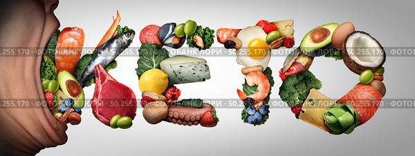 Eating Keto food concept as an open mouth biting into ketogenic ingredients text diet as a low carb and high fat food eating lifestyle as fish nuts eggs meat avocados as a therapeutic meal with 3D illustration elements. Стоковое фото, агентство Ingram Publishing / Фотобанк Лори