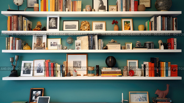 eclectic shelf wall ai generated. Стоковое AI-изображение, AI-художник Vectorwin / Фотобанк Лори