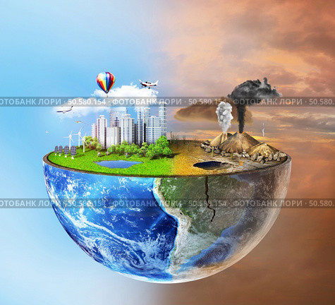 Eco concept. Half sphere of earth with light side and darker side. One side is eco city, different side is empty and dry ground with mountains. Стоковое фото, агентство Ingram Publishing / Фотобанк Лори