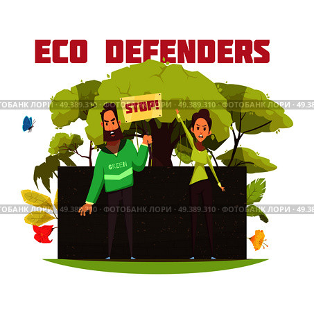 Eco defenders during protest action on dark brick wall background with forest elements cartoon composition vector illustration. Eco Defenders Cartoon Composition. Стоковая иллюстрация, агентство Ingram Publishing / Фотобанк Лори