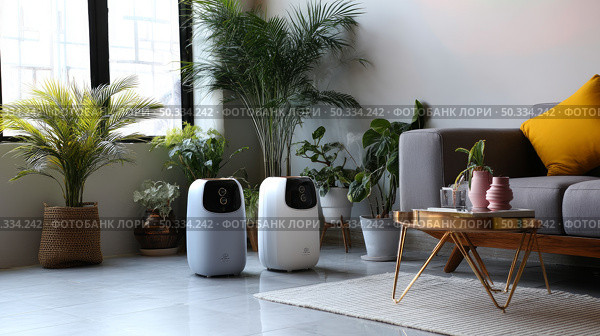Eco-friendly bamboo charcoal air purifiers installed in a modern living room with plants and soft ambient lighting. Modern air purifier and indoor plant near beige wall. Banner for design. Стоковое AI-изображение, AI-художник ALLA YURTAYEVA / Фотобанк Лори