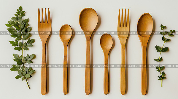 Eco-friendly cutlery set features bamboo utensils arranged with greenery. Набор столовых приборов из экологически чистого бамбука, украшенный зеленью. Стоковое AI-изображение, AI-художник Katsiaryna Repich / Фотобанк Лори