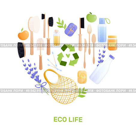 Eco goods flat composition with heart shaped set of isolated recyclable items and editable text vector illustration. Стоковая иллюстрация, агентство Ingram Publishing / Фотобанк Лори