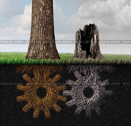 Economic crisis and business partnership death as an industry and economy symbol for a declining work relationship as a dieing tree and roots shaped as a gear with 3D illustration elements. Стоковое фото, агентство Ingram Publishing / Фотобанк Лори