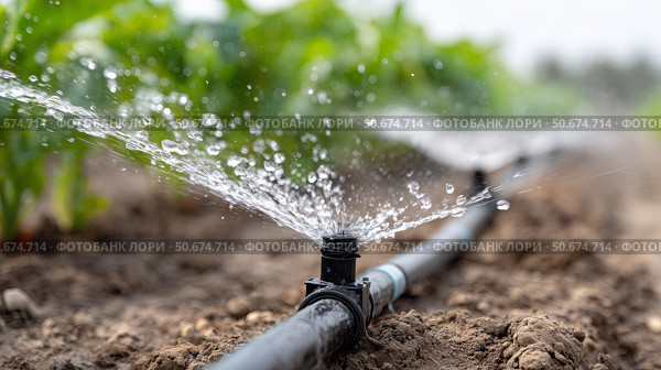 Efficient irrigation system supplying water to crops in a rural farm setting. Стоковое AI-изображение, AI-художник Katsiaryna Repich / Фотобанк Лори