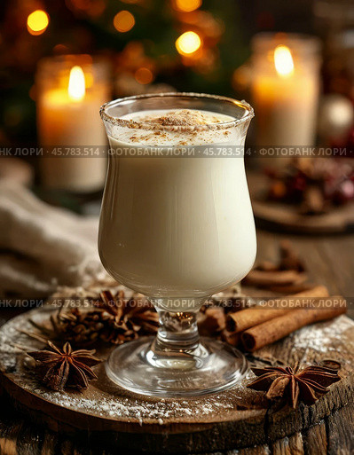 Eg Nog Day is celebrated on December 24. The closest relative of this drink is eggnog. The yolks are beaten with sugar and poured into boiling milk, then spices and (if desired) strong alcohol (rum, brandy, liqueur) are added. This cocktail is considered the traditional "liquid dish" of Christmas, which this holiday cannot do without. Стоковое AI-изображение, AI-художник Сергей Елизарьев / Фотобанк Лори