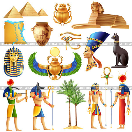 Egypt symbols set in cartoon style with ancient egyptian deities pyramid ankh tutanhamon nefertiti  eye of horus signs vector illustration. Egypt Symbols Set. Стоковая иллюстрация, агентство Ingram Publishing / Фотобанк Лори