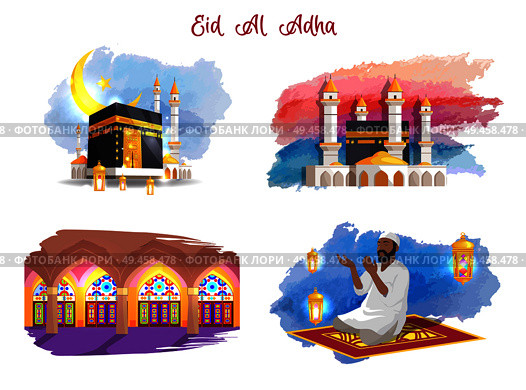 Eid Al Adha muslim holiday thematic pictures set. Mosque building inside and outside, Arab man on carpet prays among lanterns vector illustrations.. Eid Al Adha Muslim Holiday Thematic Pictures Set. Стоковая иллюстрация, агентство Ingram Publishing / Фотобанк Лори
