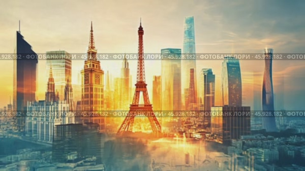 Eiffel tower emerging from futuristic cityscape at sunset. Стоковое AI-видео, аниматор Юрий Поздников / Фотобанк Лори