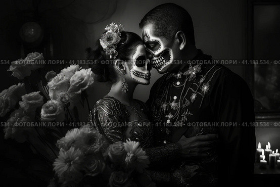 El Dia de Muertos black and white photo of a couple with painted faces of the dead. Стоковое AI-изображение, AI-художник Поликарпов Владимир Владимирович / Фотобанк Лори