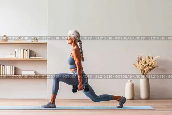 Elderly caucasian woman exercising with dumbbells in a yoga pose. Стоковое AI-изображение, AI-художник Евгения Пархоменко / Фотобанк Лори