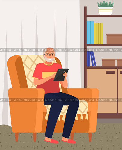 Elderly man adapting to new technologies and Internet, pensioner sitting in armchair in living room holding tablet pc. Seniors deal to modern technology. Gray-haired senior man talking on video call. Elderly man adapting to new technologies and Internet with tablet. Seniors deal to modern technology. Стоковая иллюстрация, агентство Ingram Publishing / Фотобанк Лори