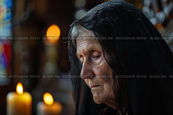 Elderly nun praying in church with veil and candles burning. Стоковое AI-изображение, AI-художник Иван Рябоконь / Фотобанк Лори
