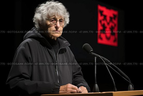 Elderly woman standing confidently at a podium indoors, addressing an unseen audience through a microphone. Стоковое AI-изображение, AI-художник Данила Большаков / Фотобанк Лори