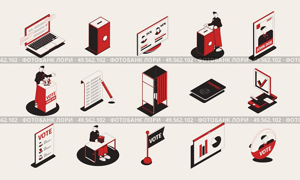 Election set with isometric icons and isolated images of voting symbols ballot papers cabins and ads vector illustration. Стоковая иллюстрация, агентство Ingram Publishing / Фотобанк Лори