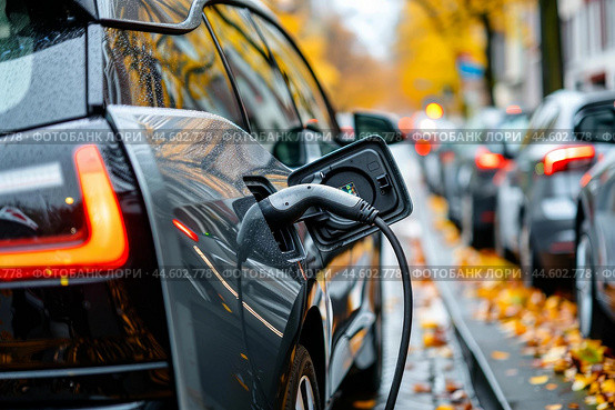 Electric car charging at urban station. Стоковое AI-изображение, AI-художник Иван Рябоконь / Фотобанк Лори