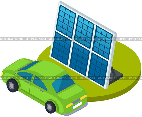 Electric car charging near alternative energy sources. Vehicle on renewable smart electricity network grid. Production of bio power for charging modern auto. Solar panels to create eco fuel. Electric car charging near alternative energy solar panels. Vehicle on renewable smart electricity. Стоковая иллюстрация, агентство Ingram Publishing / Фотобанк Лори