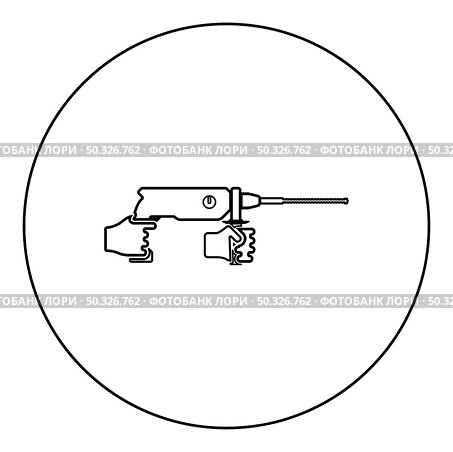 Electric rotary hammer drill in hand holding tool use Arm using Power tool icon in circle round black color vector illustration solid outline style simple image. Electric rotary hammer drill in hand holding tool use Arm using Power tool icon in circle round black color vector illustration solid outline style image. Стоковая иллюстрация, агентство Ingram Publishing / Фотобанк Лори