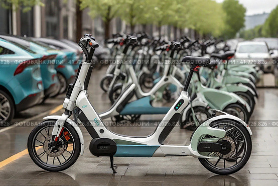 Electric scooters for rent in the city. EVs, e-bikes and other clean transportation. Стоковое AI-изображение, AI-художник Васильева Юлия / Фотобанк Лори