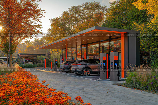 Electric Vehicle and Bus Charging Points. Shot of modern electric power charging station for EV, PHEV and HEV near store. Charging Station Electric Car Charging Station. Стоковое AI-изображение, AI-художник Ирина Михайличенко / Фотобанк Лори
