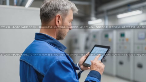 Electrical engineer using digital tablet in control room. Стоковое AI-видео, аниматор Юрий Поздников / Фотобанк Лори