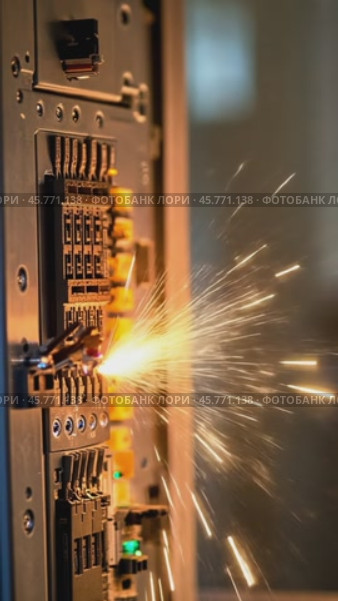 Electrical sparks flying during circuit board assembly. Стоковое AI-видео, аниматор Юрий Поздников / Фотобанк Лори