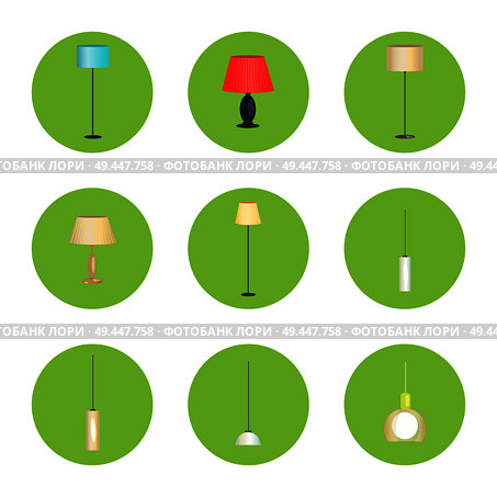 Electricity lamps isolated in green circles set, vector illustration standard-lamps, different form lamps, light bulbs, varied shape stands and covers. Electricity Lamps Isolated in Green Circles Set. Стоковая иллюстрация, агентство Ingram Publishing / Фотобанк Лори
