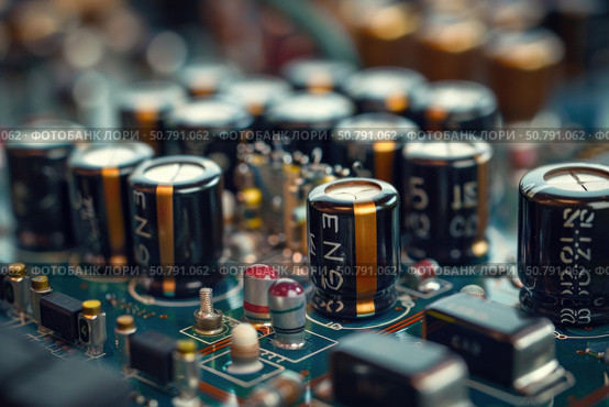 Electrolytic capacitors and resistors populating a circuit board. Стоковое AI-изображение, AI-художник Иван Рябоконь / Фотобанк Лори