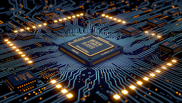 Electronic board with intricately arranged chips, wires, and bright yellow and red LEDs. Technology science background. Стоковое AI-изображение, AI-художник Iva Noel / Фотобанк Лори