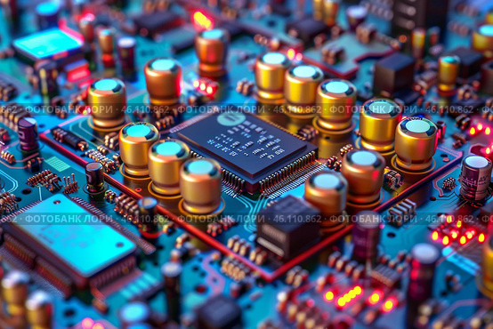 Electronic circuit board showing components, resistors, and capacitors. Стоковое AI-изображение, AI-художник Иван Рябоконь / Фотобанк Лори