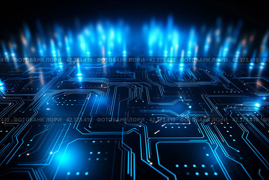 Electronic circuit board with chips. Стоковое AI-изображение, AI-художник Михаил Коханчиков / Фотобанк Лори