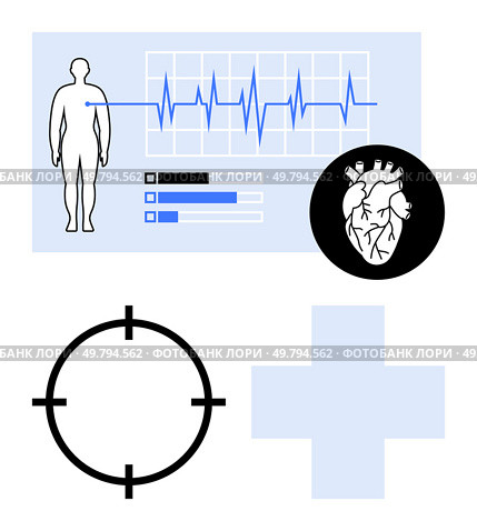 Electronic heartbeat chart with human silhouette and detailed heart diagram accompanied by healthcare symbols. Ideal for medical presentations, health monitoring apps, cardiology, wellness reports. Medical Health Monitoring with Heartbeat Chart, Human Silhouette, and Healthcare Symbols in Blue and Black. Стоковая иллюстрация, агентство Ingram Publishing / Фотобанк Лори
