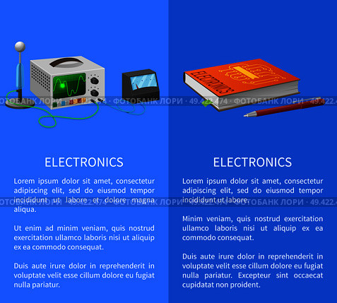 Electronics banner with place for text on blue with textbook, ballpoint pen and various electricity related devices for measuring signals. Electronics Banner with Place for Text on Blue. Стоковая иллюстрация, агентство Ingram Publishing / Фотобанк Лори