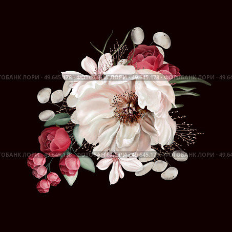Elegant bouquet with peonies, roses and eucalyptus leaves. Illustration. Elegant bouquet with peonies, roses and eucalyptus leaves. Стоковое фото, агентство Ingram Publishing / Фотобанк Лори