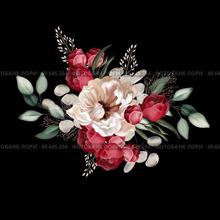 Elegant bouquet with peonies, roses and eucalyptus leaves. Illustration. Elegant bouquet with peonies, roses and eucalyptus leaves. . Стоковое фото, агентство Ingram Publishing / Фотобанк Лори
