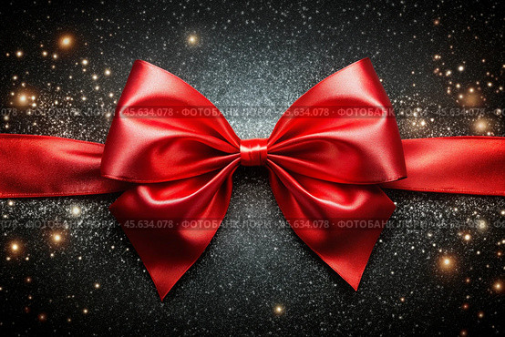 Elegant bow made of satin red ribbon on a shiny black background. Стоковое AI-изображение, AI-художник Photojuli / Фотобанк Лори