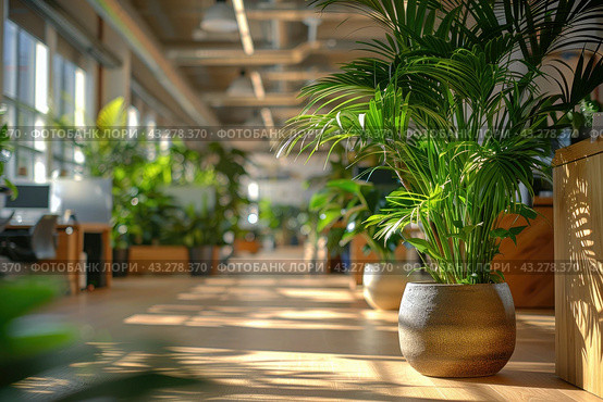 Elegant coworking office featuring a bright airy environment with green plants and partitioned spaces. Стоковое AI-изображение, AI-художник Ирина Михайличенко / Фотобанк Лори