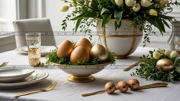 Elegant Easter table setting featuring golden eggs, fresh flowers, and fine diningware in a bright room. Стоковое AI-изображение, AI-художник Сергей Толмачёв / Фотобанк Лори