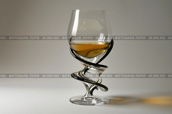 Elegant glass with liquor and twisted stem on white background. Стоковое AI-изображение, AI-художник Иван Рябоконь / Фотобанк Лори