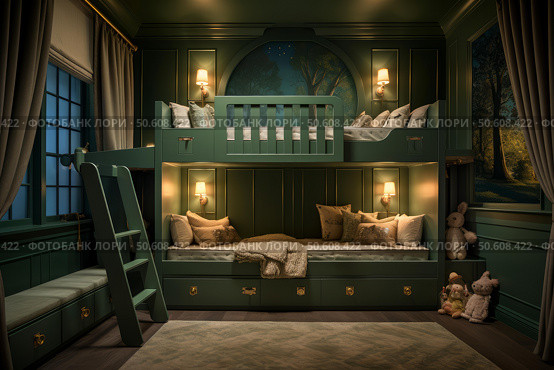 Elegant green bunk bed in a luxurious children's bedroom with mural. Стоковое AI-изображение, AI-художник Иван Рябоконь / Фотобанк Лори